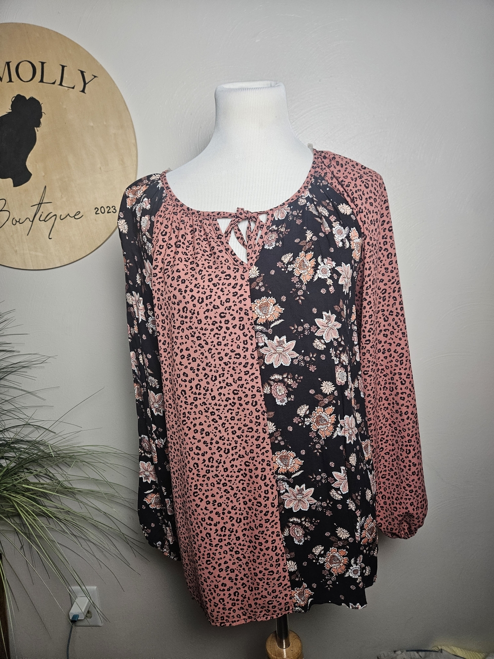 Mixed Print Pink & Black Long Sleeve Blouse with Tie Neck